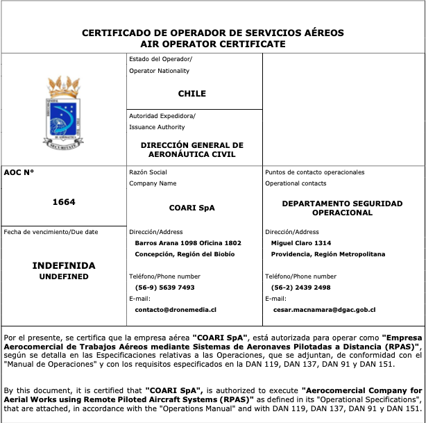 Certificado AOC N° 1664 emitido por la Dirección General de Aeronáutica Civil de Chile a Dronemedia SpA